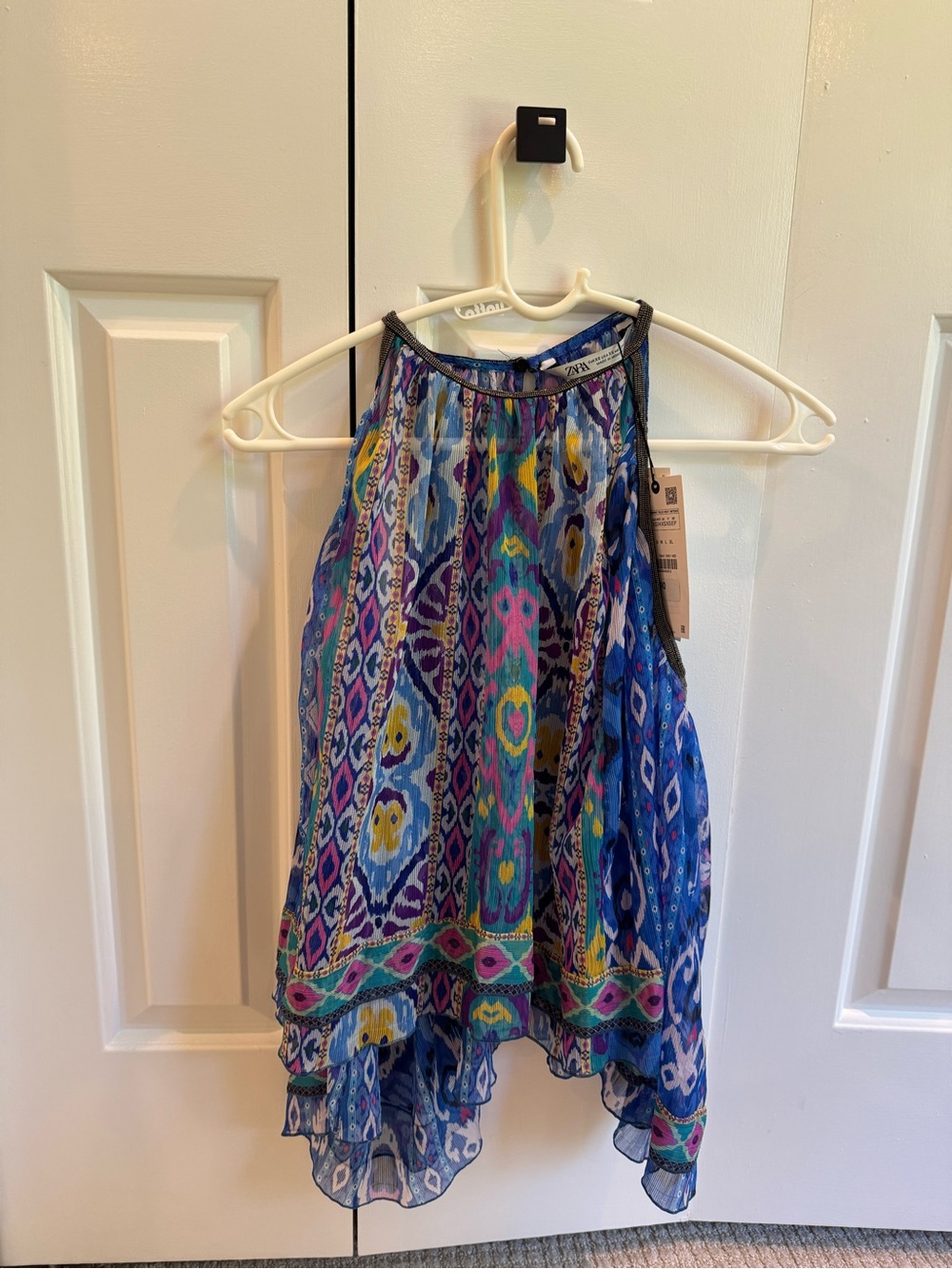 Zara Ikat Halter Sheer Tank Top with beaded collar XS (NWT)
